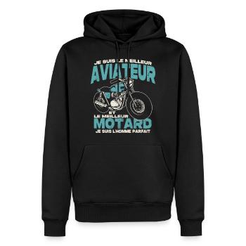 Le meilleur aviateur et le meilleur motard - Sweat à capuche Premium bio Homme - noir - Devant - Nico (187cm)