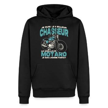 Le meilleur chasseur et le meilleur motard - Sweat à capuche Premium bio Homme - noir - Devant - Nico (187cm)
