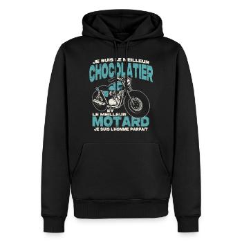 Le meilleur chocolatier et le meilleur motard - Sweat à capuche Premium bio Homme - noir - Devant - Nico (187cm)