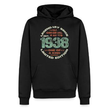 Légendaire depuis 1938 - 85 ans - Sweat à capuche Premium bio Homme - noir - Devant - Nico (187cm)