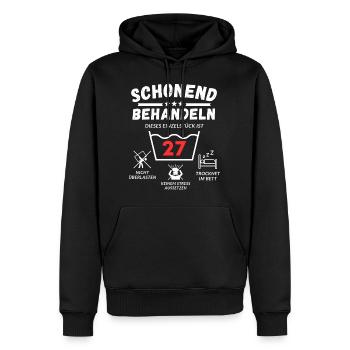 Schonend behandeln - dieses Einzelstück ist 27 - Männer Premium Bio Hoodie - Schwarz - Vorne - Nico (187cm)