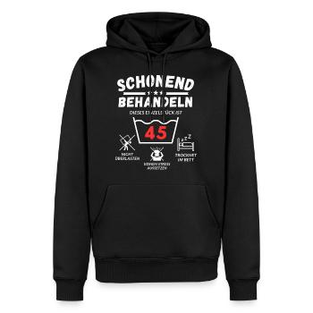 Schonend behandeln - dieses Einzelstück ist 45 - Männer Premium Bio Hoodie - Schwarz - Vorne - Nico (187cm)