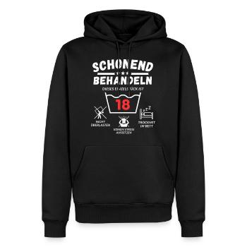 Schonend behandeln - dieses Einzelstück ist 18 - Männer Premium Bio Hoodie - Schwarz - Vorne - Nico (187cm)