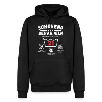 Schonend behandeln - dieses Einzelstück ist 21 - Männer Premium Bio Hoodie - Schwarz - Vorne - Nico (187cm)