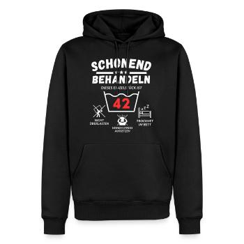 Schonend behandeln - dieses Einzelstück ist 42 - Männer Premium Bio Hoodie - Schwarz - Vorne - Nico (187cm)