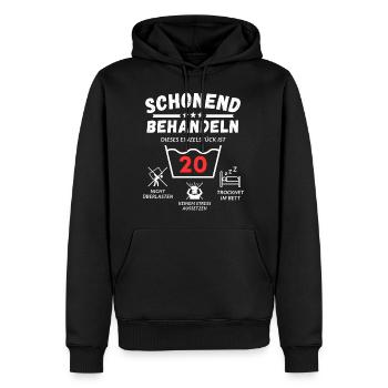Schonend behandeln - dieses Einzelstück ist 20 - Männer Premium Bio Hoodie - Schwarz - Vorne - Nico (187cm)
