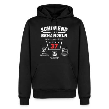 Schonend behandeln - dieses Einzelstück ist 37 - Männer Premium Bio Hoodie - Schwarz - Vorne - Nico (187cm)