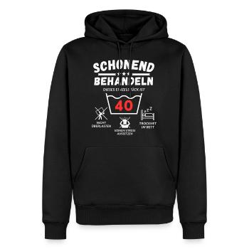 Schonend behandeln - dieses Einzelstück ist 40 - Männer Premium Bio Hoodie - Schwarz - Vorne - Nico (187cm)