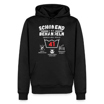 Schonend behandeln - dieses Einzelstück ist 41 - Männer Premium Bio Hoodie - Schwarz - Vorne - Nico (187cm)