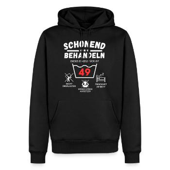 Schonend behandeln - dieses Einzelstück ist 49 - Männer Premium Bio Hoodie - Schwarz - Vorne - Nico (187cm)