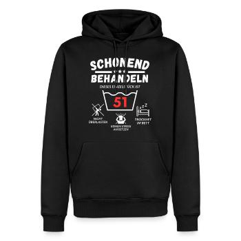 Schonend behandeln - dieses Einzelstück ist 51 - Männer Premium Bio Hoodie - Schwarz - Vorne - Nico (187cm)