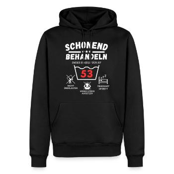 Schonend behandeln - dieses Einzelstück ist 53 - Männer Premium Bio Hoodie - Schwarz - Vorne - Nico (187cm)
