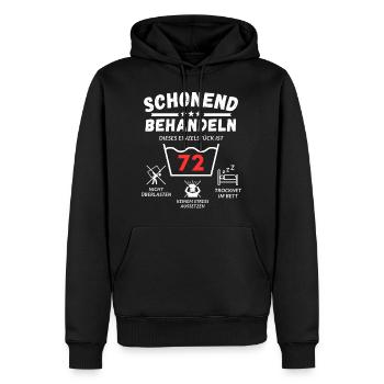 Schonend behandeln - dieses Einzelstück ist 72 - Männer Premium Bio Hoodie - Schwarz - Vorne - Nico (187cm)