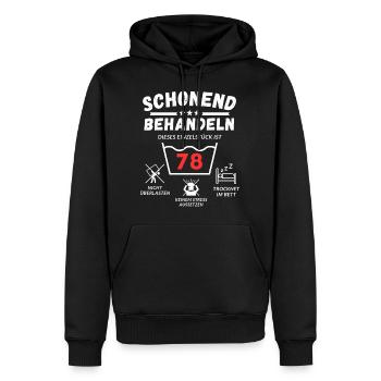 Schonend behandeln - dieses Einzelstück ist 78 - Männer Premium Bio Hoodie - Schwarz - Vorne - Nico (187cm)