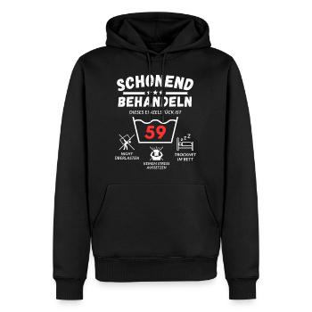 Schonend behandeln - dieses Einzelstück ist 59 - Männer Premium Bio Hoodie - Schwarz - Vorne - Nico (187cm)