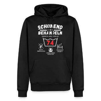 Schonend behandeln - dieses Einzelstück ist 74 - Männer Premium Bio Hoodie - Schwarz - Vorne - Nico (187cm)