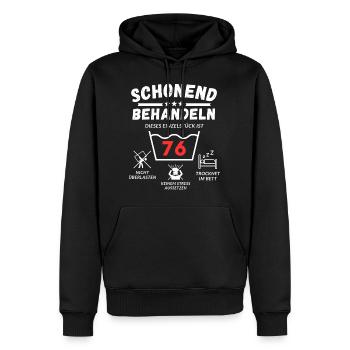 Schonend behandeln - dieses Einzelstück ist 76 - Männer Premium Bio Hoodie - Schwarz - Vorne - Nico (187cm)