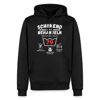 Schonend behandeln - dieses Einzelstück ist 79 - Männer Premium Bio Hoodie - Schwarz - Vorne - Nico (187cm)