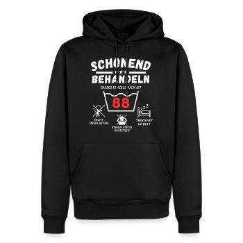 Schonend behandeln - dieses Einzelstück ist 88 - Männer Premium Bio Hoodie - Schwarz - Vorne - Nico (187cm)