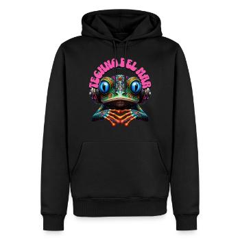 TECHNO DEL MAR - Cute Frog with Headphones! - Men’s Premium Organic Hoodie - black - Front - Nico (187cm)