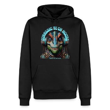 MESOZOIC TECH HOUSE – Cool T-REX with Headphones! - Men’s Premium Organic Hoodie - black - Front - Nico (187cm)