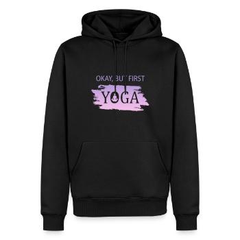 Okay but first Yoga - Männer Premium Bio Hoodie - Schwarz - Vorne - Nico (187cm)