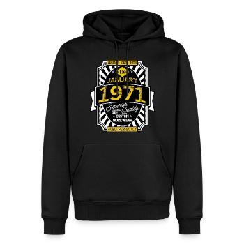 1971 JANUARY - Sweat à capuche Premium bio Homme - noir - Devant - Nico (187cm)