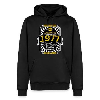 1977 JANUARY - Sweat à capuche Premium bio Homme - noir - Devant - Nico (187cm)