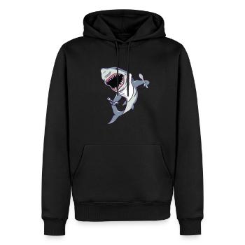 grand requin blanc avec couteau, fourchette et tablier - Sweat à capuche Premium bio Homme - noir - Devant - Nico (187cm)