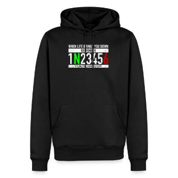 When Life Brings You Down | 1N23456 motorcycle - Men’s Premium Organic Hoodie - black - Front - Nico (187cm)