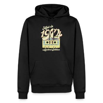 Vintage cassette 1974 - Men’s Premium Organic Hoodie - black - Front - Nico (187cm)