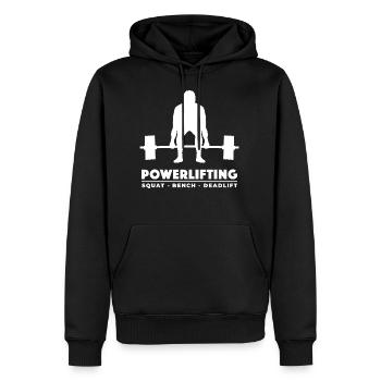 Powerlifting | Kniebeugen | Bank | Kreuzheben - Männer Premium Bio Hoodie - Schwarz - Vorne - Nico (187cm)