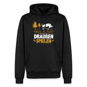 Jäger Jagd Geschenkidee mit Wildschwein & Gewehr - Männer Premium Bio Hoodie - Schwarz - Vorne - Nico (187cm)