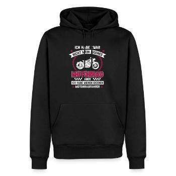 Ich habe zwar nicht mein eigenes Motorrad Bikerin - Männer Premium Bio Hoodie - Schwarz - Vorne - Nico (187cm)