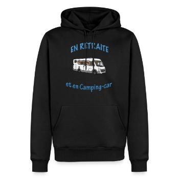 En Retraite et en camping car - Sweat à capuche Premium bio Homme - noir - Devant - Nico (187cm)