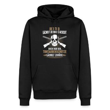 Der Tod lächelt jedem ins Gesicht Tontaubenschütze - Männer Premium Bio Hoodie - Schwarz - Vorne - Nico (187cm)