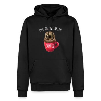 Life Begins After Coffee Lustiger Eule Spruch Owl - Männer Premium Bio Hoodie - Schwarz - Vorne - Nico (187cm)
