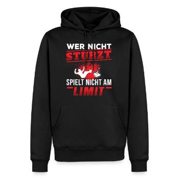 Eisstock Wer nicht stürzt spielt nicht am Limit - Männer Premium Bio Hoodie - Schwarz - Vorne - Nico (187cm)