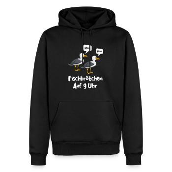 Moin Fischbrötchen auf 9 Uhr Möwe Plattdeutsch - Männer Premium Bio Hoodie - Schwarz - Vorne - Nico (187cm)
