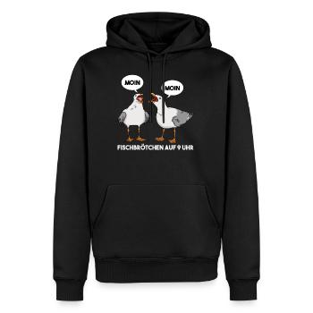 Moin Fischbrötchen auf 9 Uhr Möwe Norddeutsch - Männer Premium Bio Hoodie - Schwarz - Vorne - Nico (187cm)