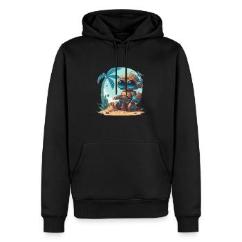 Ein kleiner Roboter am Strand unter einer Palme - Männer Premium Bio Hoodie - Schwarz - Vorne - Nico (187cm)