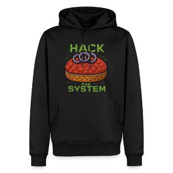 Hack the System – Mettbrötchen Shirt - Gourmett - Männer Premium Bio Hoodie - Schwarz - Vorne - Nico (187cm)