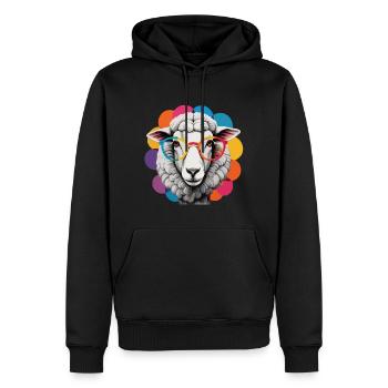 Schaf cool flauschig mit Brille bunter Hintergrund - Männer Premium Bio Hoodie - Schwarz - Vorne - Nico (187cm)