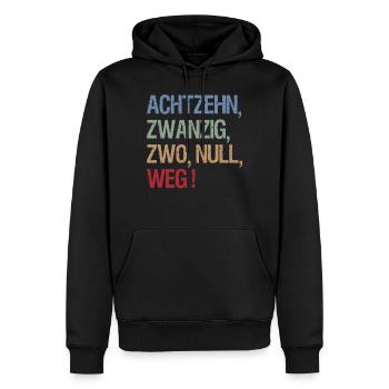 Achtzehn, Zwanzig, Zwo, Null, weg! Skatsprüche - Männer Premium Bio Hoodie - Schwarz - Vorne - Nico (187cm)