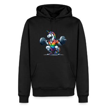 Licorne arc-en-ciel cool accroupie dans la salle de sport - Sweat à capuche Premium bio Homme - noir - Devant - Nico (187cm)