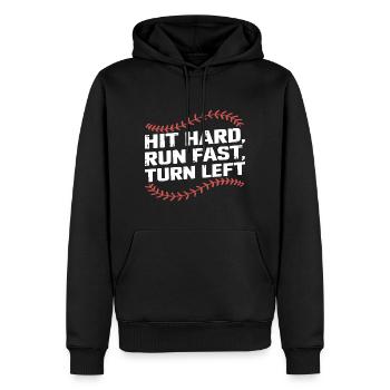 Hit Hard Run Fast Turn Left Funny Baseball Player - Men’s Premium Organic Hoodie - black - Front - Nico (187cm)