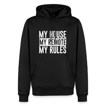 Ma maison Ma télécommande Mes règles - Sweat à capuche Premium bio Homme - noir - Devant - Nico (187cm)