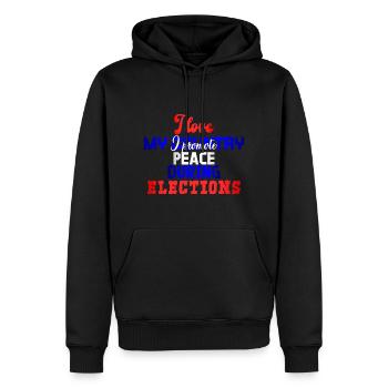 J'aime mon pays, je promeus la paix - Sweat à capuche Premium bio Homme - noir - Devant - Nico (187cm)