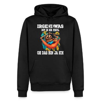 Faultier Kaffee Irgendwas ist hier Faul - Männer Premium Bio Hoodie - Schwarz - Vorne - Nico (187cm)