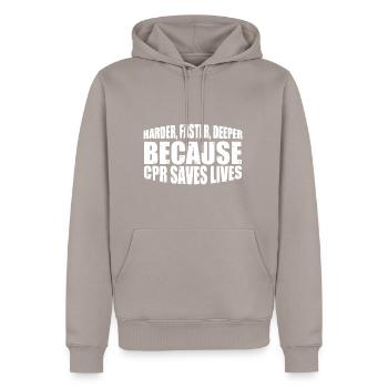 Harder, Faster, Deeper Because Cpr Saves Lives 10 - Men’s Premium Organic Hoodie - taupe - Front - Nico (187cm)